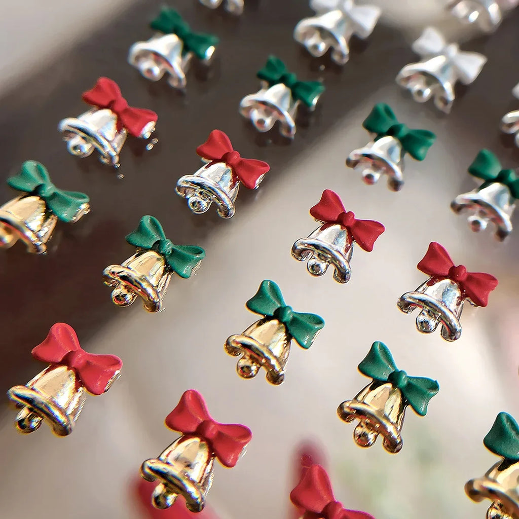 10pc 3D Christmas Bell Nail Art Charms Accessory Bow Gold and Silver Alloy Exquisite Bell Luxury Nails Decorations Supplies DIY