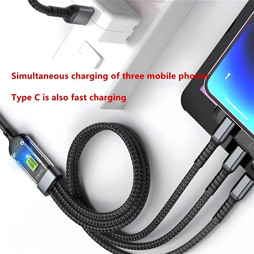 100W 3 In 1 Super Fast Charge Cable Transparent Luminous Super Fast Charge Type C USB Cable Multi Extension For Android