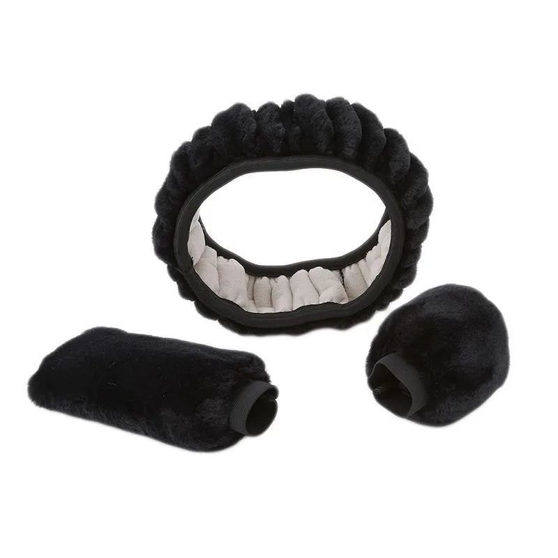 Universal Plush Steering Wheel Cover Set 3pcs Faux Fur Car Steering Wheel Hand Brake Gear Shift Covers for 36-40cm Warm Winter