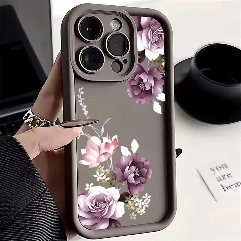 Purple Flower Pattern Phone Case For iPhone 17 16 15 14 13 12 11 Pro Plus Max XR 17 Air 16E Shockproof Soft Silicone Back Cover