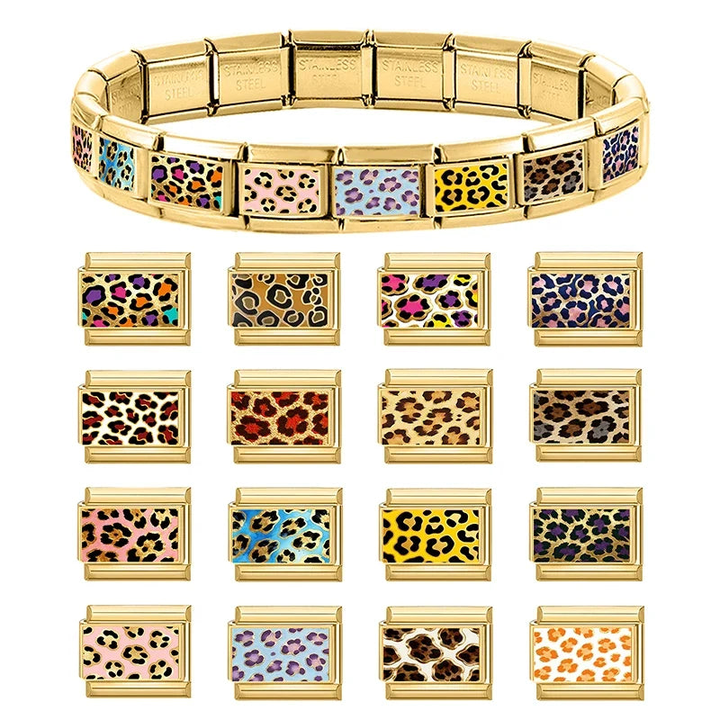 New Fashion Leopard Pattern Series Y2K Golden Italian Charm Links Fit 9MM Stainless Steel Bracelet DIY Making Jewelry