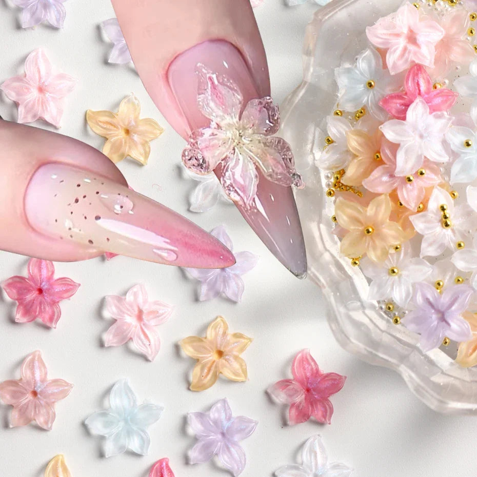 30/100 pcs Crystal Flowers Nail Art Charms 5D Embossed Ice Lily Petals White Pearls Golden Steel Balls Nail Decoration Supplies
