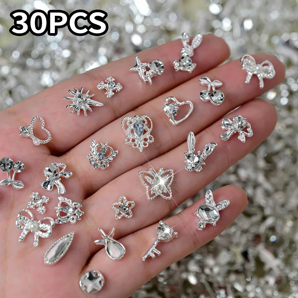30pcs Mixed Set Golden Alloy Rabbit Nail Decoration Five-Pointed Star Heart Pink Diamond Nail Charms Metal Bow Nail Rhinestones