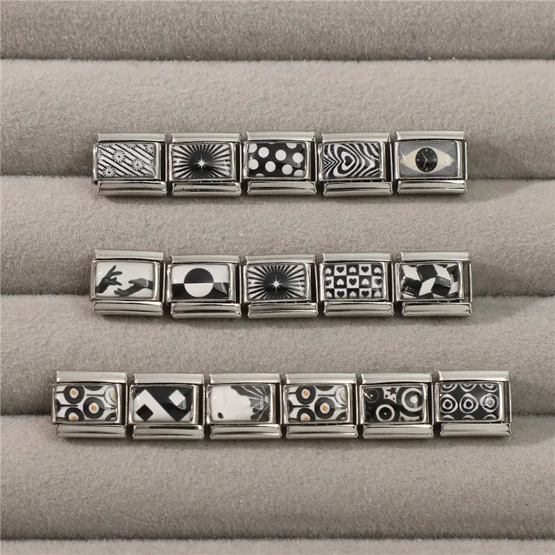 2026 Fashion Black White Round Stars Polka Point Italian Charm Links Fit 9mm Stainless Steel Bracelet Jewelry DIY Making Beads