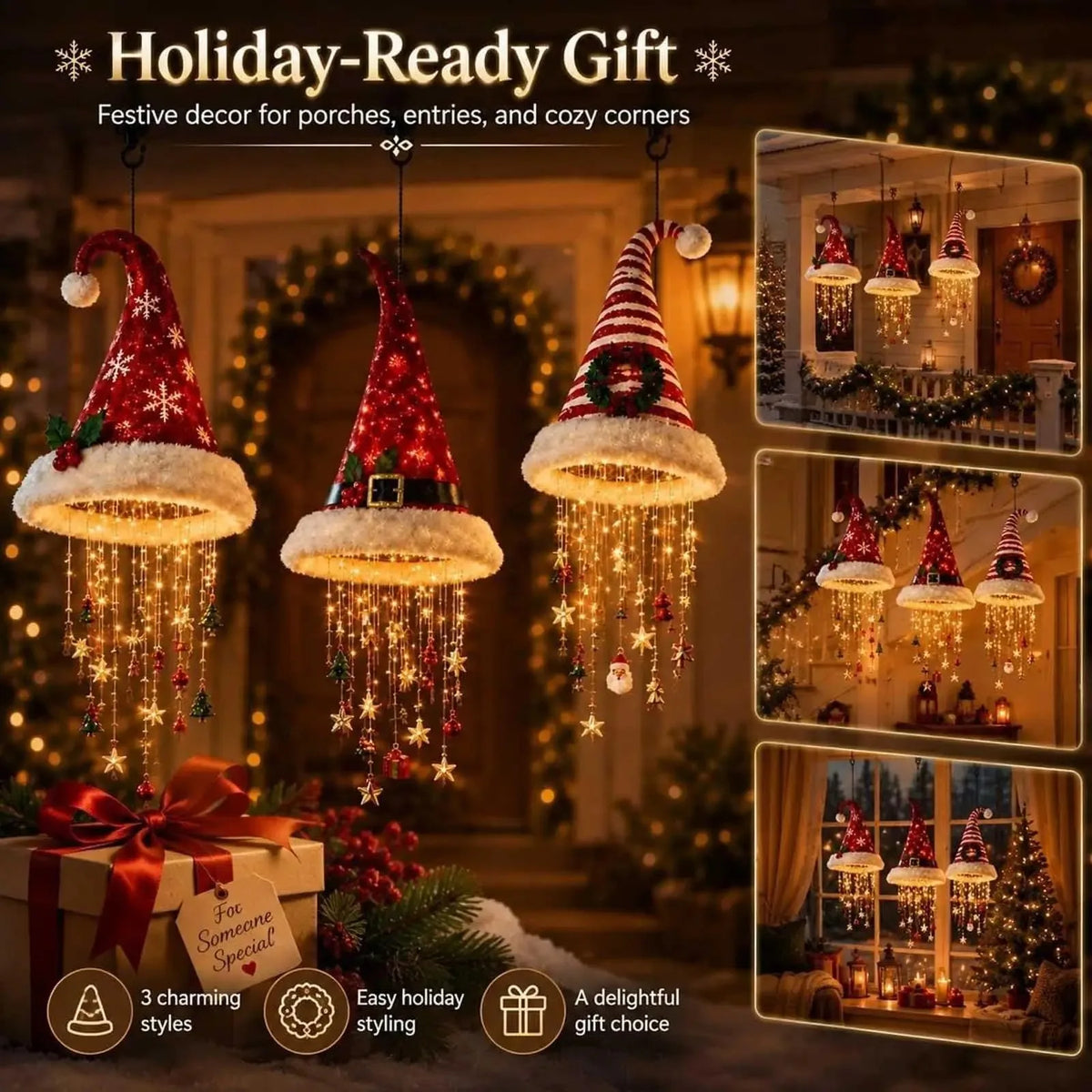 DIY Lighted Santa Hat Chandelier - Warm LED Glowing Christmas Ornaments Hanging Chandelier 5 Styles for Festive Decor