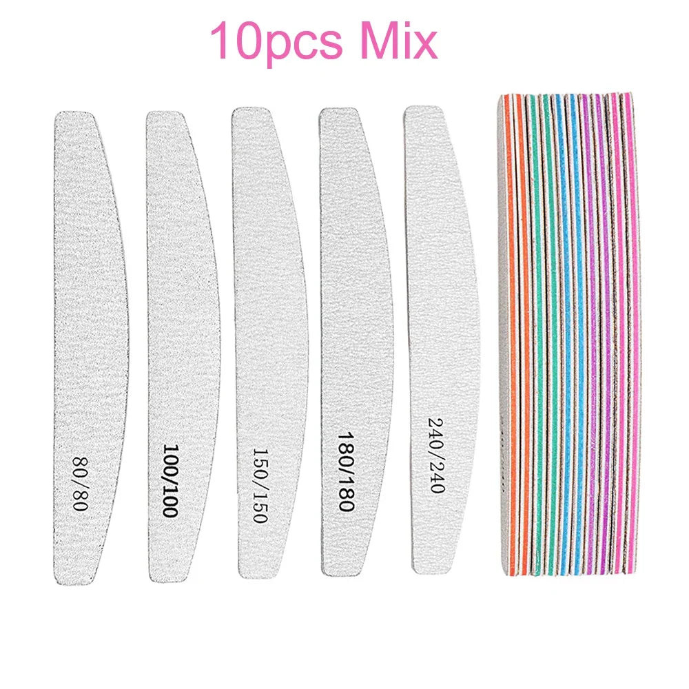 10Pcs/Lot Professional Nail Polish File Set 80 100 150 180 240 Grit Nail File Moon Style Manicure Limes Nails Files Buffer Tools