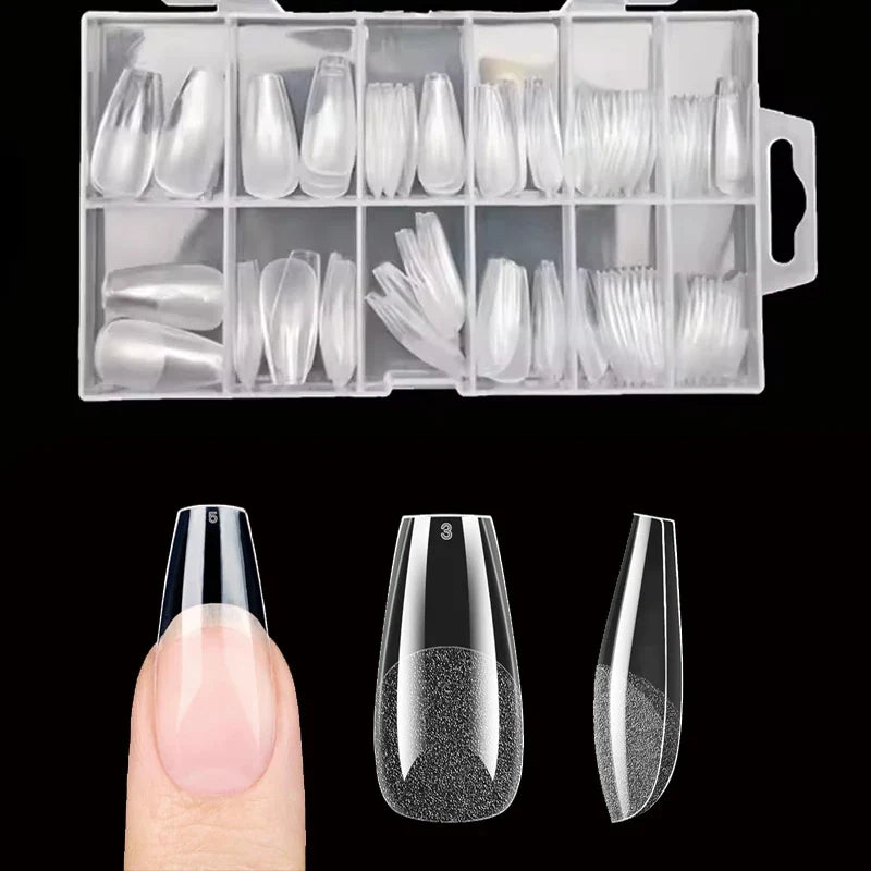 Medium-Sized Gel Nail Tips with Coffin Etching X, 12 Sizes, 120 Pieces Pre-Shaped Semi-Matte Full Coverage Press-On False Nail Tips, Acrylic False Nail Extension Kit, Easy DIY Salon Nail Art Gift