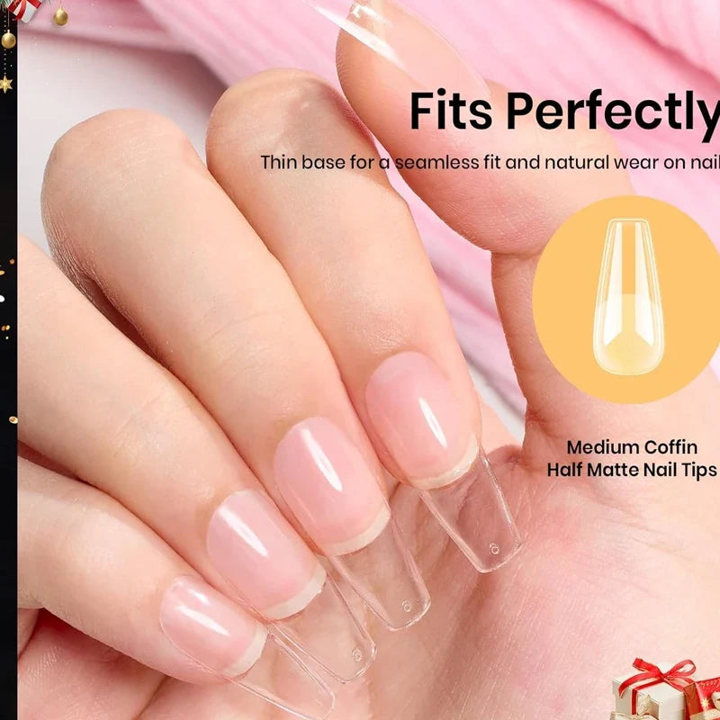 Medium-Sized Gel Nail Tips with Coffin Etching X, 12 Sizes, 120 Pieces Pre-Shaped Semi-Matte Full Coverage Press-On False Nail Tips, Acrylic False Nail Extension Kit, Easy DIY Salon Nail Art Gift