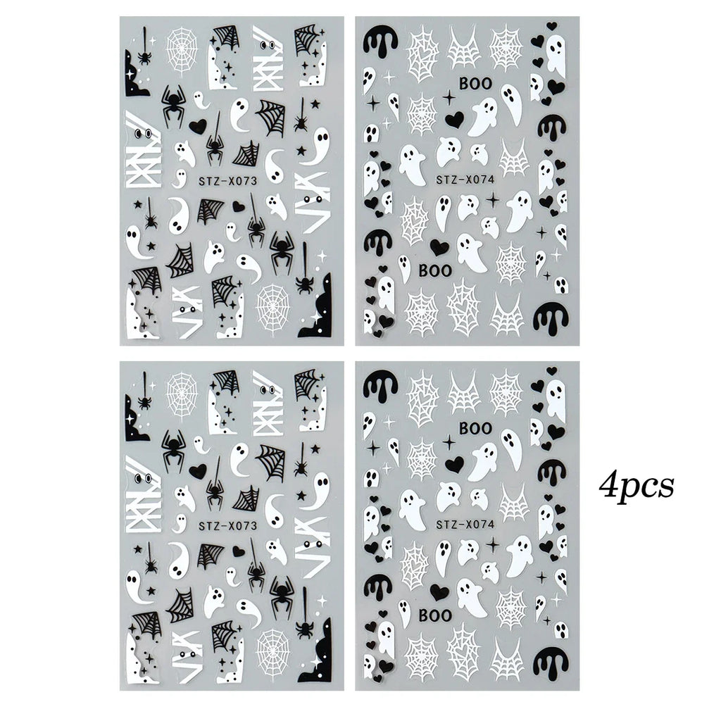 4pcs Black White Ghosts Halloween Nail Decals Cute Gothic Style Cartoon Ghosts Spider Webs Nail Decals DIY Manicure Decorations