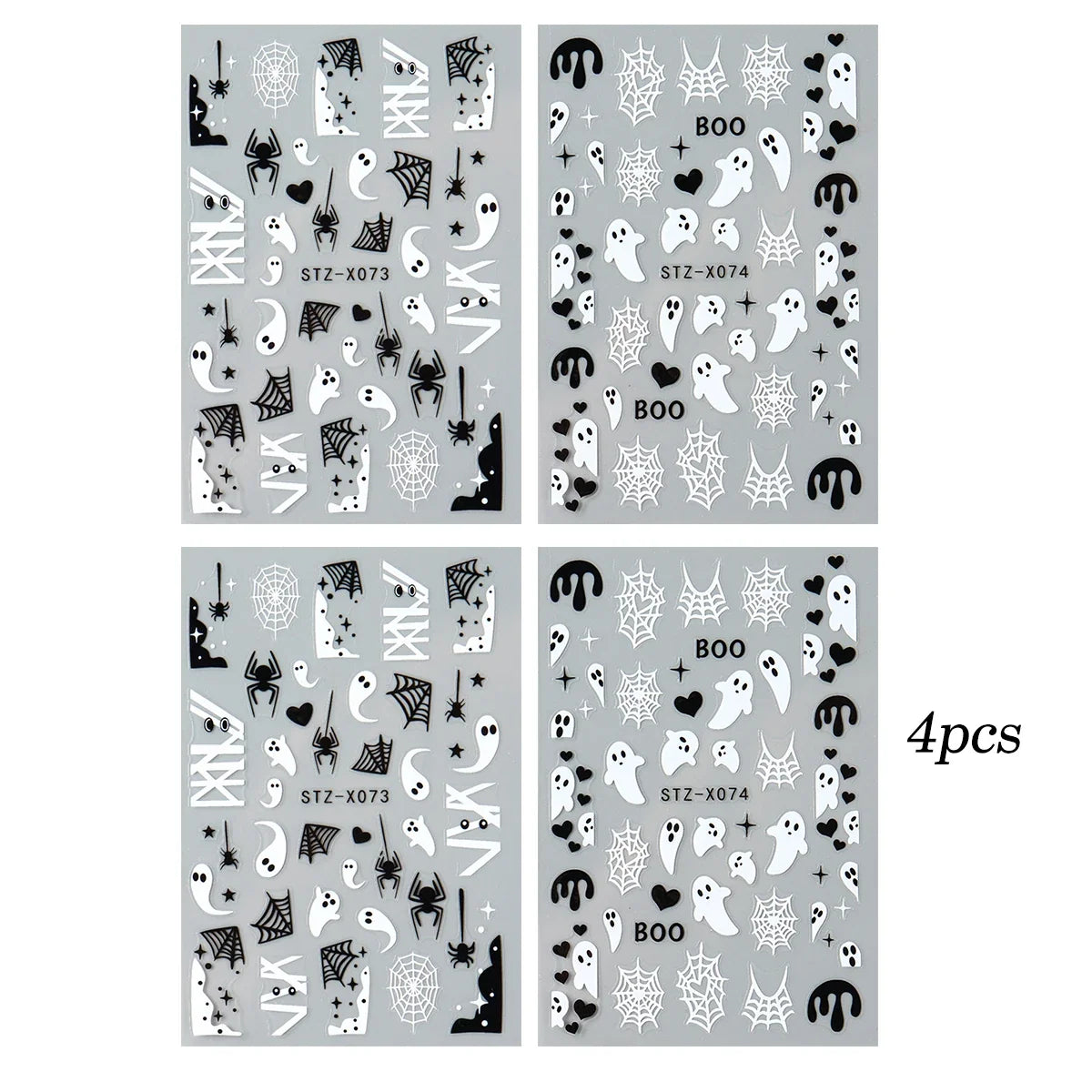 4pcs Black White Ghosts Halloween Nail Decals Cute Gothic Style Cartoon Ghosts Spider Webs Nail Decals DIY Manicure Decorations