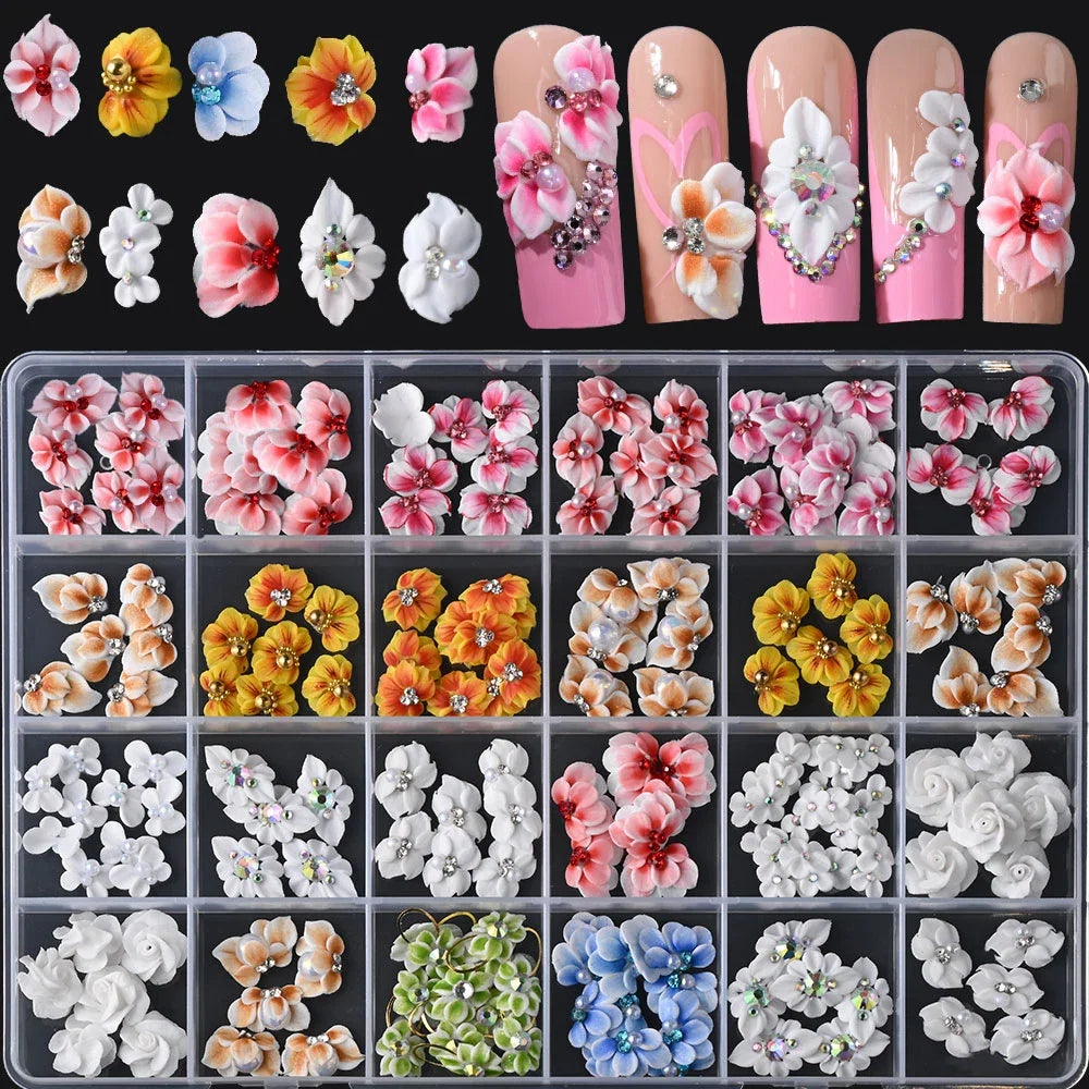 10/30PCS 3D Handmade Acrylic Carved Flower Nail Art Charms Pearl Rhinestone Sculpted Floral Jewelry Cherry Blossom Nail Supplies