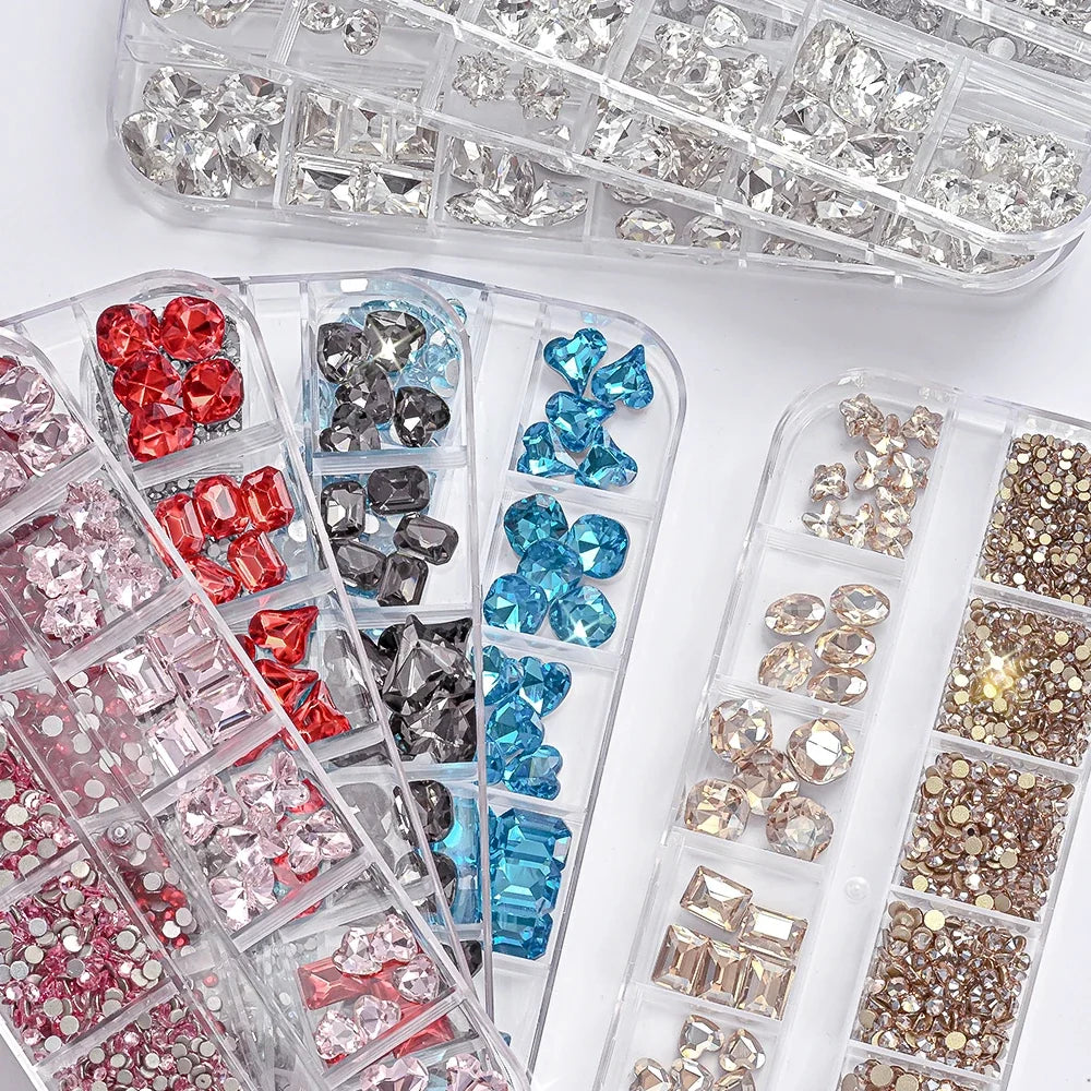 12Grids 3D Clear Glass Mutil-Shapes Nail Rhinestones + SS6-SS16 Round Diamond Crystals Luxury Heart Square Nail Art Gems Decorat