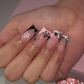 24Pcs Black Pink Stripe French Press on Nails Mid-length Square False Nails with 3D Flower Detachable Full Cover Fake Nails Tips