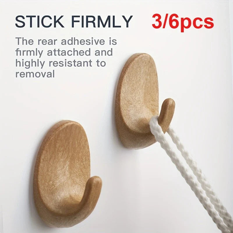 3/6pcs Wooden Self-Adhesive Wall Hooks - No Drill Duty Sticky Hooks, for Kitchen, Bathroom, Living Room, Bedroom, Simple Hook
