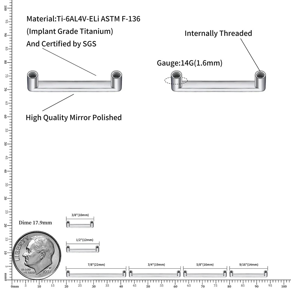 Right Grand ASTM F136 Titanium 14G Internally Threaded Surface Bar Base for Dermal Anchor Hide In Skin Piercing Jewelry