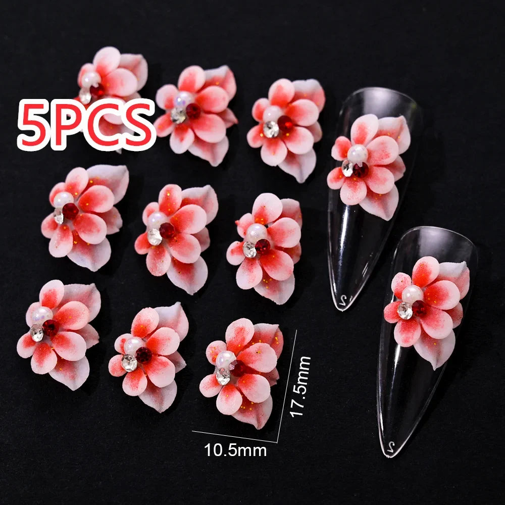 5/30Pcs Mixed 3D Handmade Acrylic  Flowers Nail Charms With Glitter Mini Pearl/Diamond Carving Flower DIY Nail Sculpture Flowers