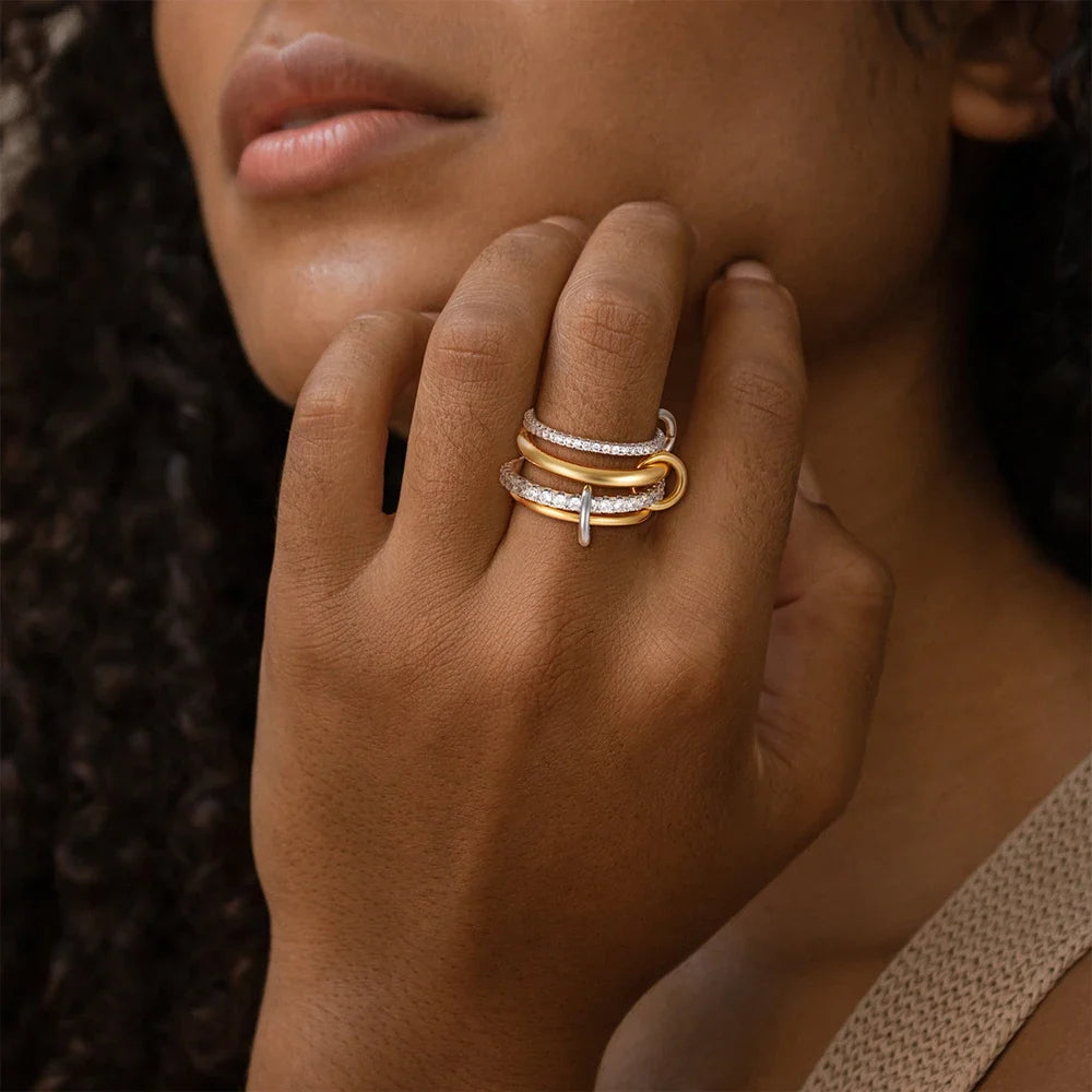 Gothic Multi-layer Metal Two-tone Stacking Rings for Women PVD Waterproof Stainless Steel CZ Zircon Finger Ring Designer Jewelry
