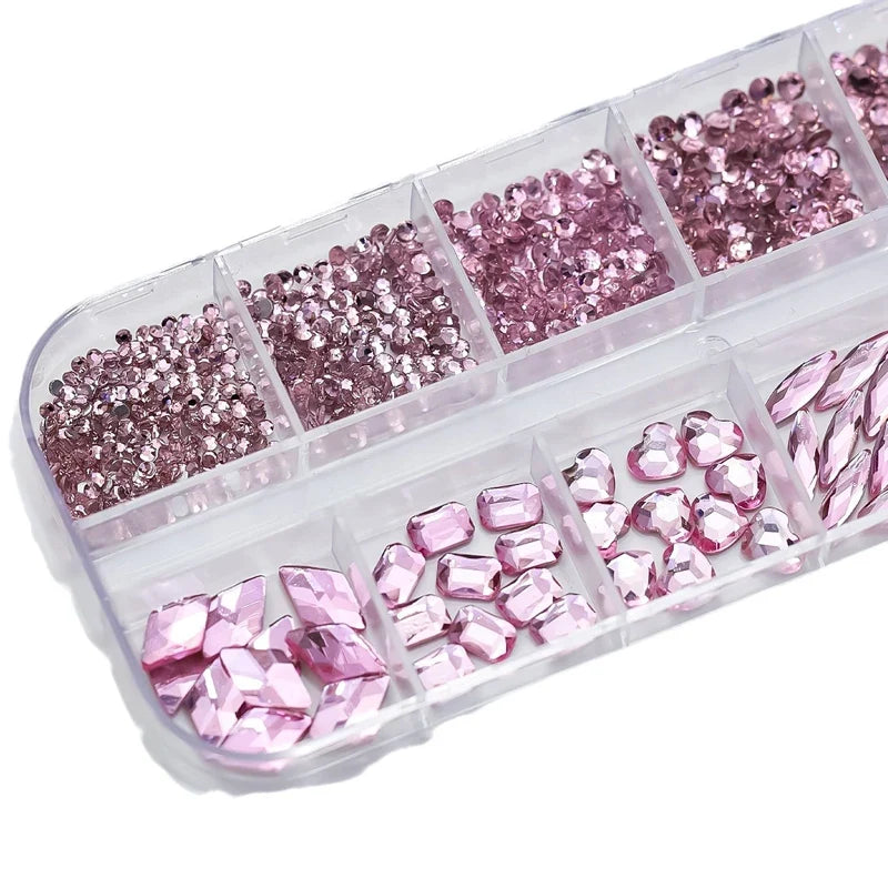12 Grids Hot Selling Rhinestones Nail Art Charms 3D Set Multi-shapes Colorful Flatback Diamonds Nail Decoration DIY Nail Parts