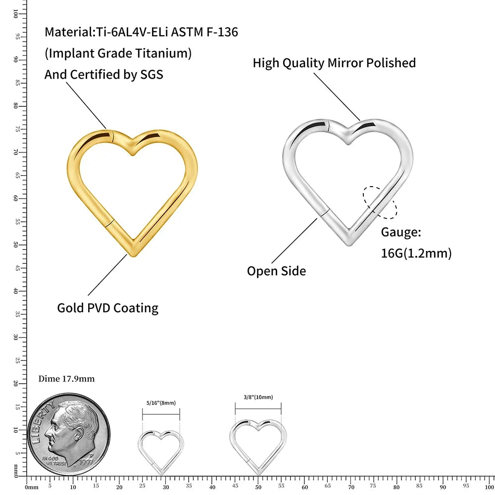 Right Grand ASTM F136 Titanium 16G Heart Hinged Segment Hoop Ring 8mm/10mm Daith Helix Earring Clicker Nose Septum Piercing