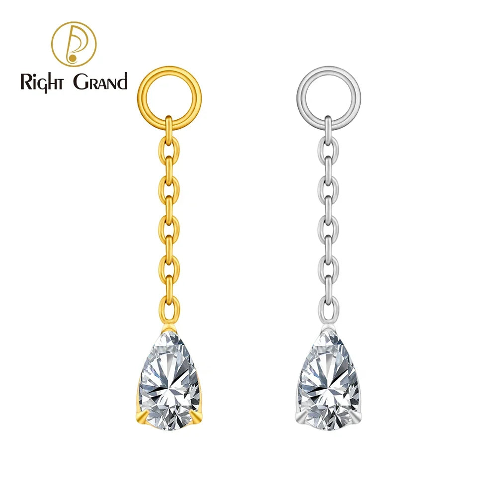 Right Grand ASTM F136 Titanium Waterdrop CZ Dangle Chain Earring Charm Pendant for Upper Lobe Clicker Piercing Jewelry