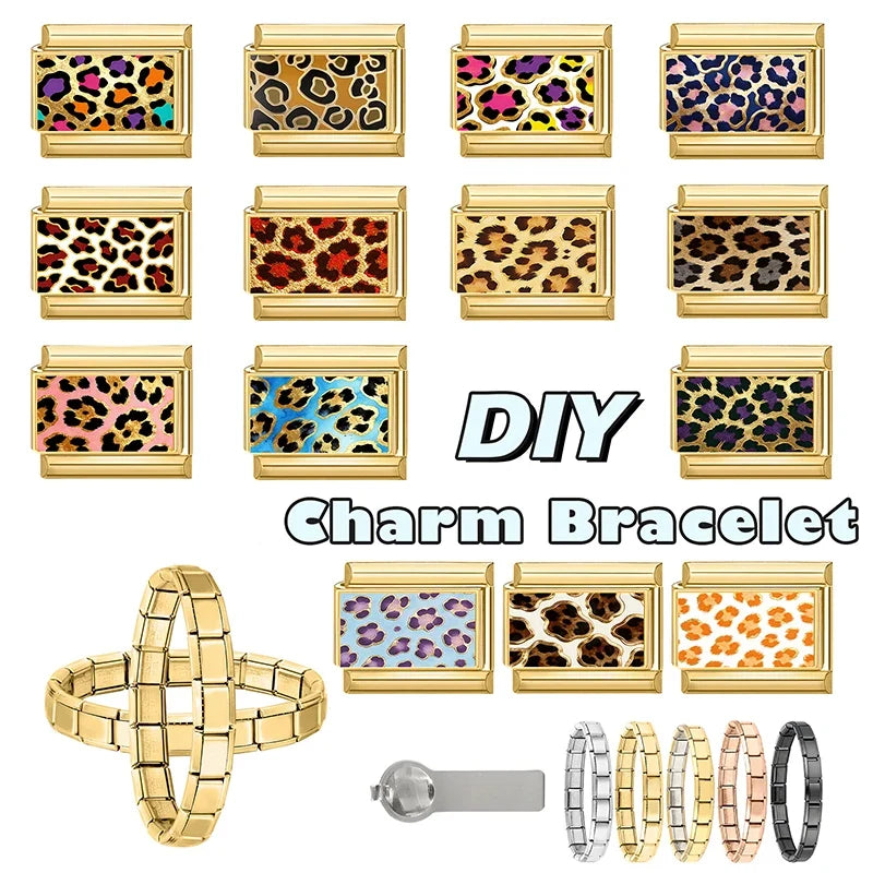 New Fashion Leopard Pattern Series Y2K Golden Italian Charm Links Fit 9MM Stainless Steel Bracelet DIY Making Jewelry