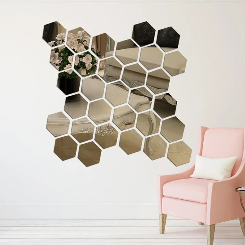 Hexagonal Mirror Wall Decals | Self-Adhesive 3D Acrylic Decorative Mirrors | Creative Wall Decals for Living Rooms and Bedrooms
