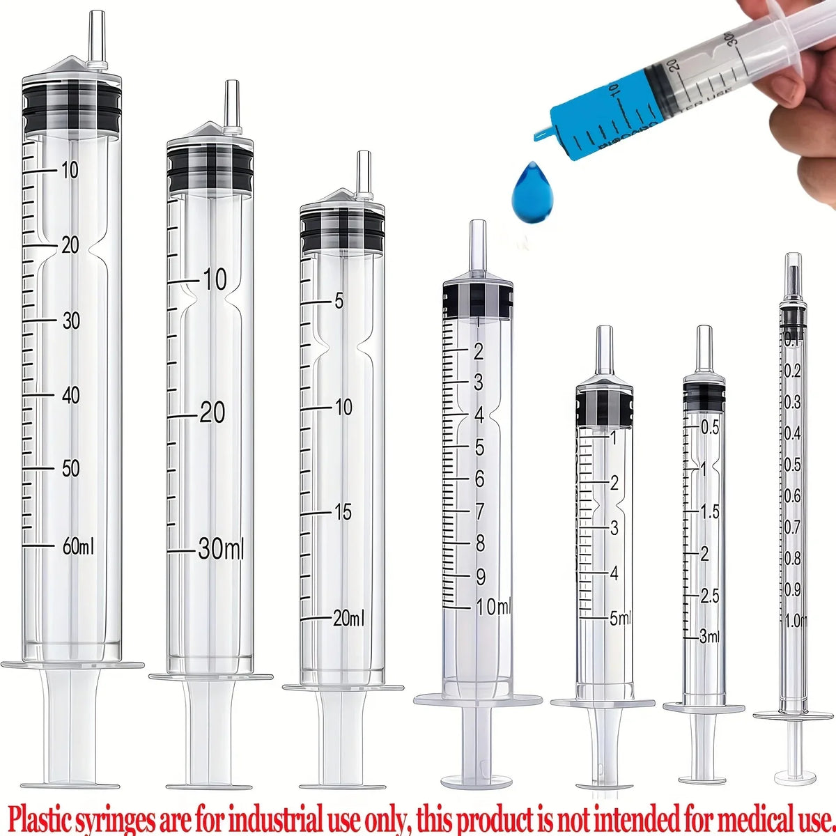 7Pcs 1ML/3ML/10ML/20ML/30ML/60ML Syringes with Clear Scale for Glue Dispensing Liquid Measuring Pet Feeding Ink Refilling