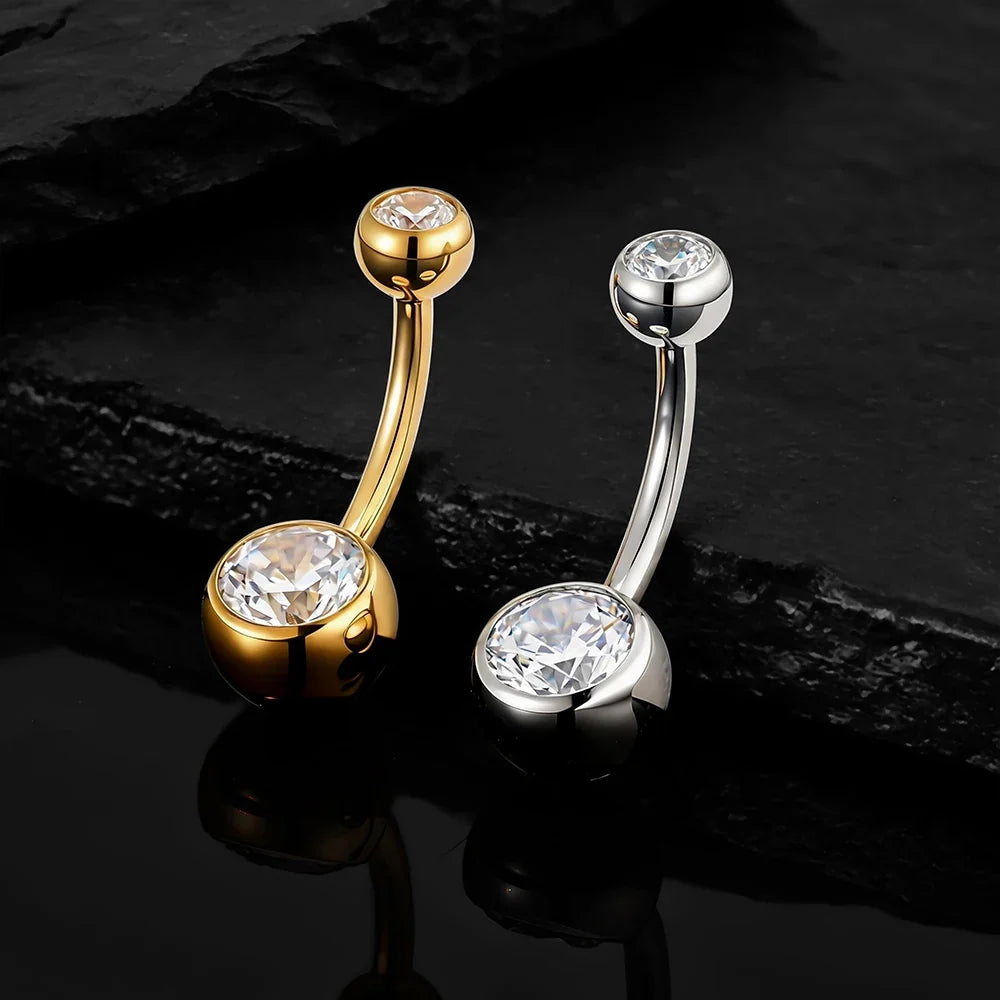 Right Grand ASTM F136 Titanium Bezel CZ Belly Button Ring Hypoallergenic 14G Curved Barbell Navel Piercing Body Jewelry