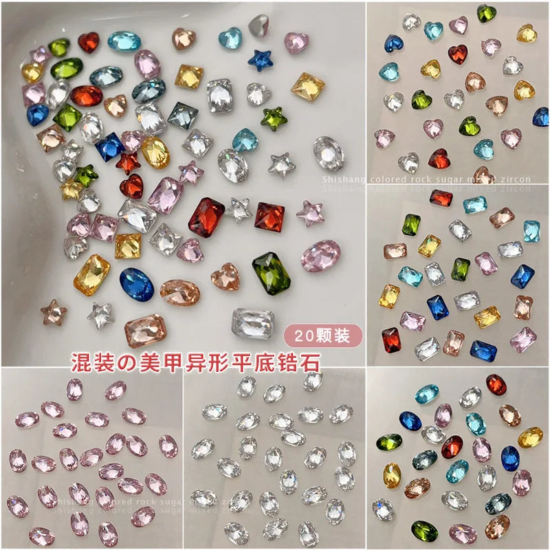YYM 20PCS Shiny Diamond Nail Art Charms Colorful Flatback Glass Nail Rhinestone Mixing Size Color Sparkling Nail Gems Jewelry