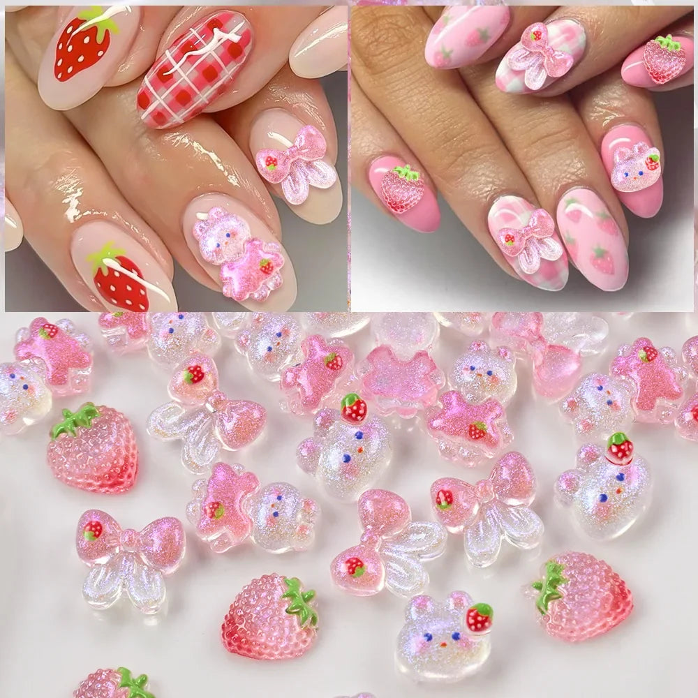 50pcs 3D Mixed Rabbit Strawberry Nail Parts Shinny Blush Bunny Bowknot Kawaii Nail Art Charms Lovely Girls Manicure Accessories