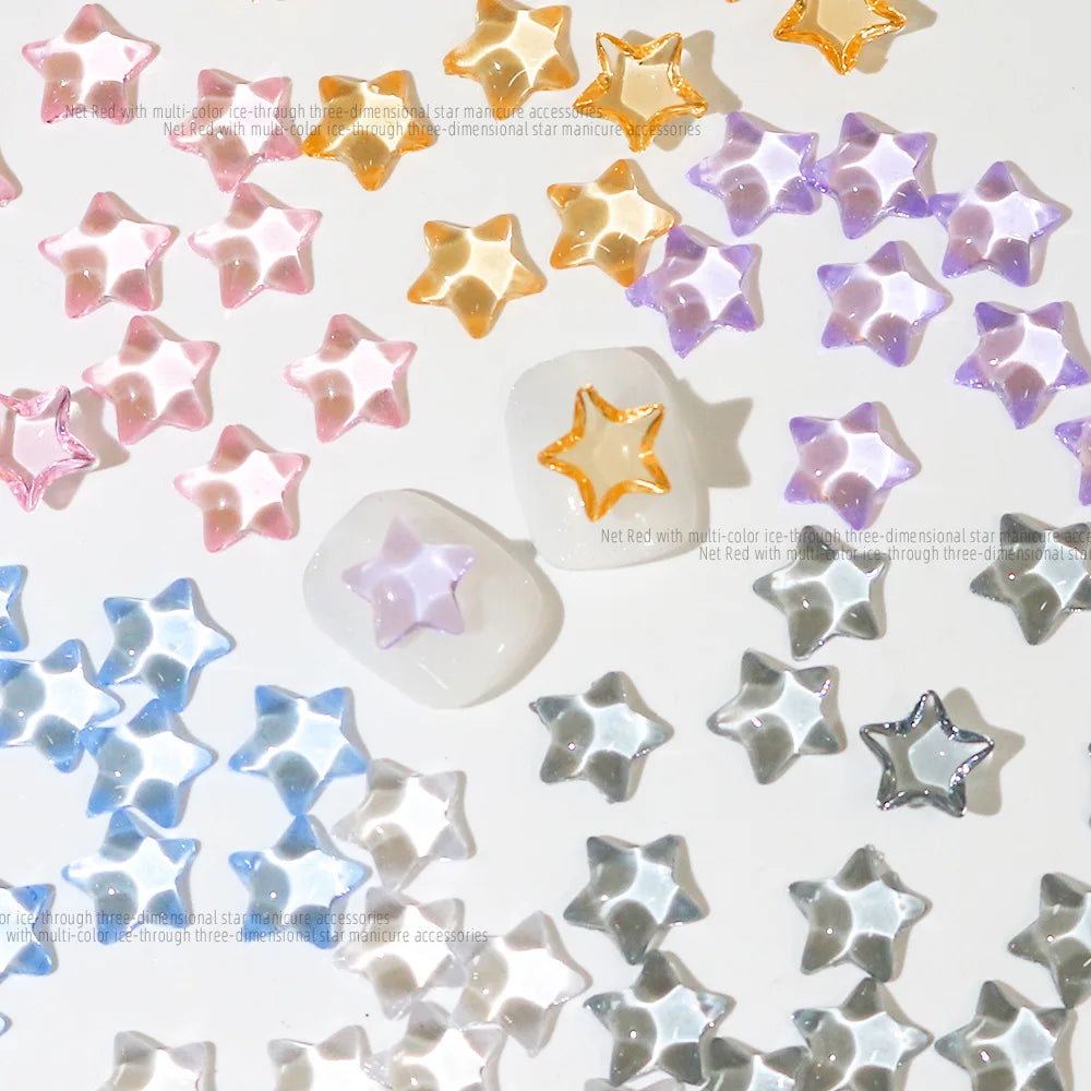 100pcs Ice Transparent Pentagram Nail Art Charms Resin 3D Shiny Stars Nail Art Rhinestone Flatback Gems DIY Nail Accessories