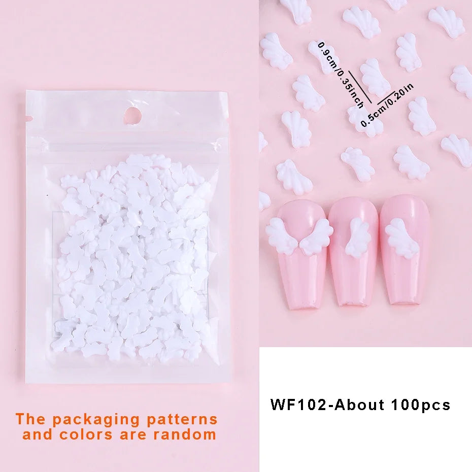 1 Box 3D Cute White Angel Wings Nail Art Charms Kawaii Love Heart Manicure Accessories Crystals Jewelry Part Nail Supplies Decor