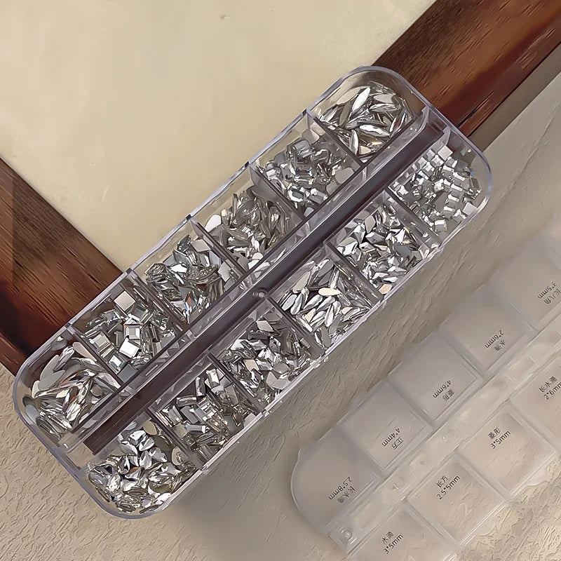 KANIU 1 Box Shiny Clear Crystal Gems Nail Rhinestones Glass AB Flat-bottomed Mixed Fancy-shaped Diamonds Manicure Decorative Set