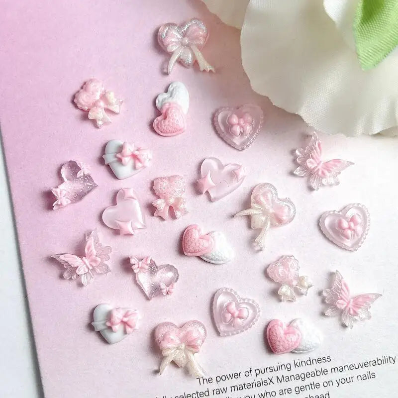 30PCS Double Heart Butterfly Pink Series Nail Art Charms Luminous Translucent Bow Four-pointed Star  Resin Nail Decorations DIY