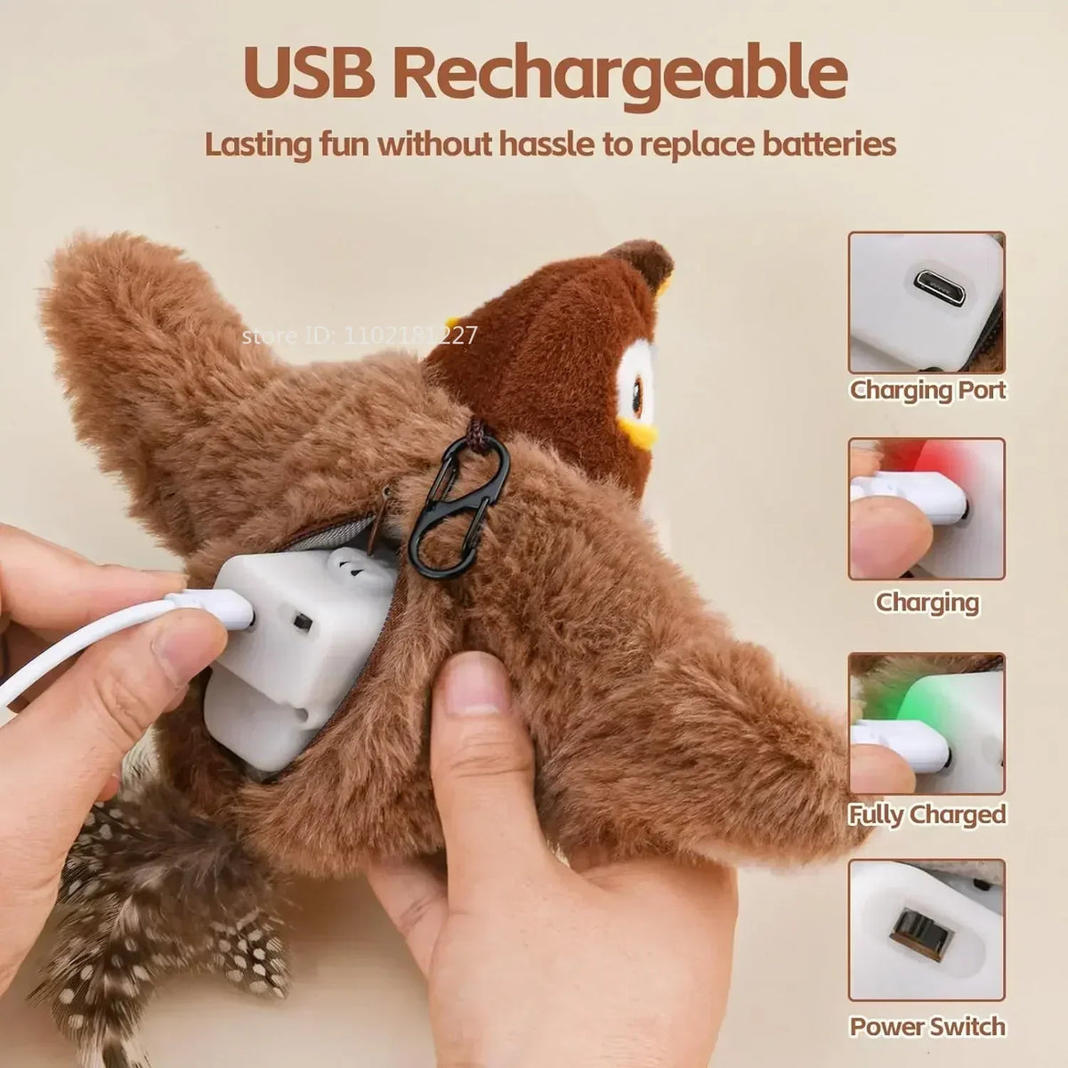 Interactive Cat Toy Chirping Flapping Sparrow Dog Toys Rechargeable Touch Squeak Bird-Shaped Plush Toy with Catnip Pet Supply
