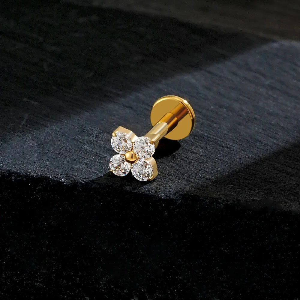 Right Grand ASTM F136 Titanium Flower CZ Cartilage Earring 16G Four Leaf Helix Tragus Stud Flat Back Labret Piercing Jewelry