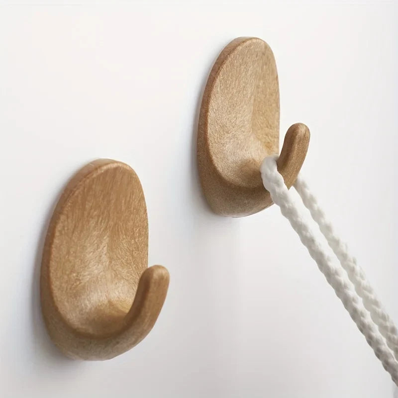 3/6pcs Wooden Self-Adhesive Wall Hooks - No Drill Duty Sticky Hooks, for Kitchen, Bathroom, Living Room, Bedroom, Simple Hook