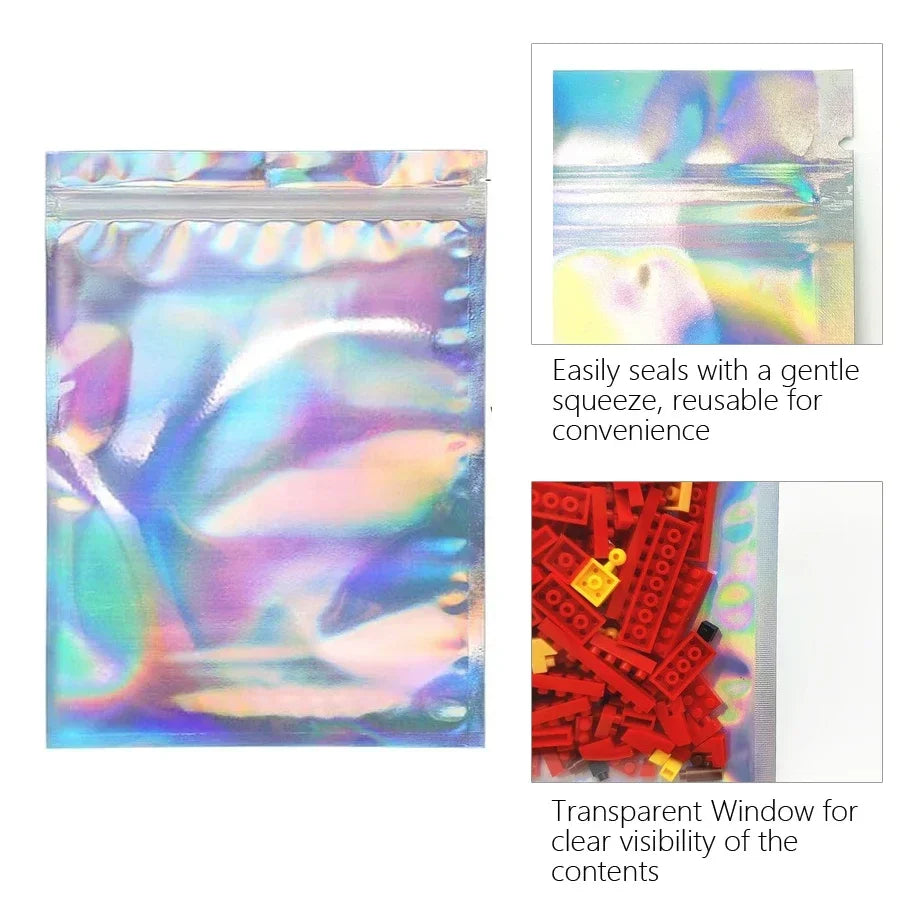 10Pcs Holographic Foil Resealable Zip Bags for Nail Rhinestones Jewelry Makeup Gel Polish Packaging Gift Pouch