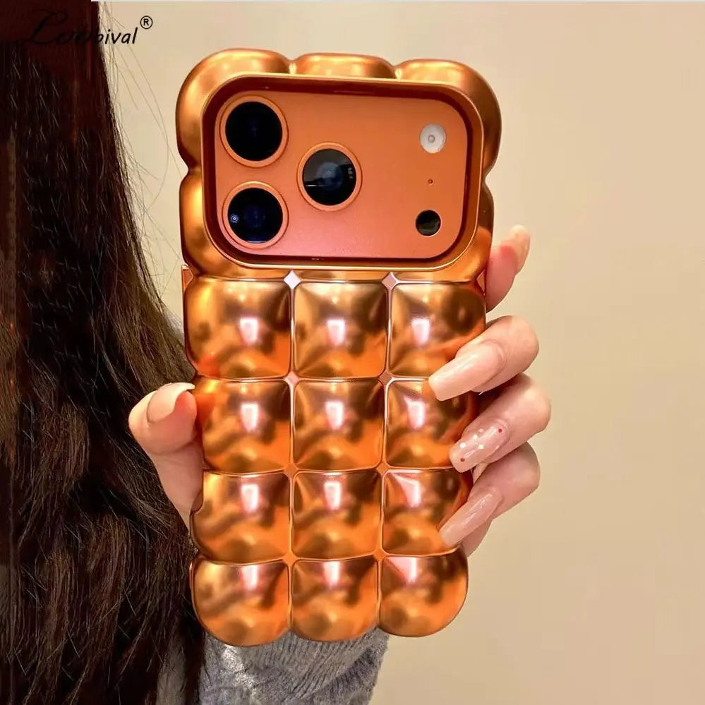 Cartoon Lattice 3D Block Plating Case for iPhone 17 16 15 Pro Max 14 12 13 11 Glossy Candy Solid Color Shockproof Soft TPU Cover