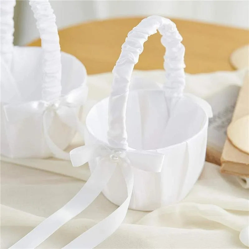 1/2pcs Satin Pearl Knot Flower Basket For Girls, Ring Holder, White Flowers, Wedding Accessories, Ladies Supplies, 2024