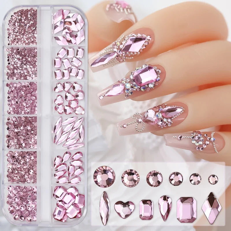 12 Grids Hot Selling Rhinestones Nail Art Charms 3D Set Multi-shapes Colorful Flatback Diamonds Nail Decoration DIY Nail Parts