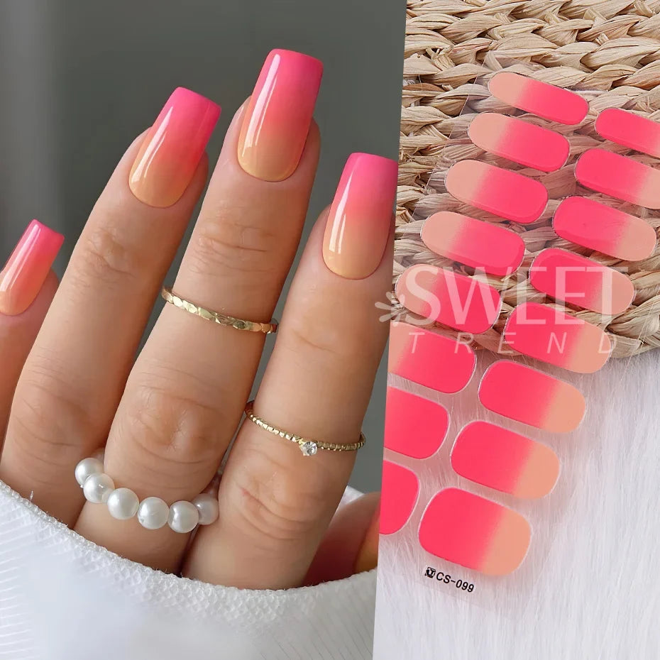 6pcs Ombre Color Gel Nail Polish Sticker Pink Blue Gradient Design Simple Adhesive Decal Full Cover Manicure With File Stick Set