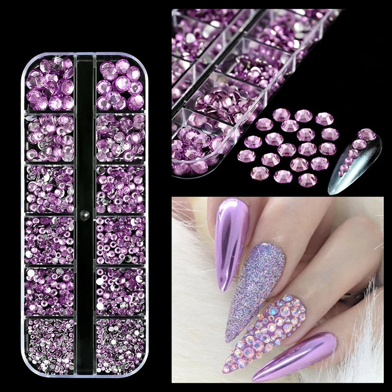 12 Grids Mixed Size Luxury Nail Rhinestones Set 3D Resin AB Crystal Round Glass Bead Gems Nail Art Charms 2mm-6mm Nail Diamond