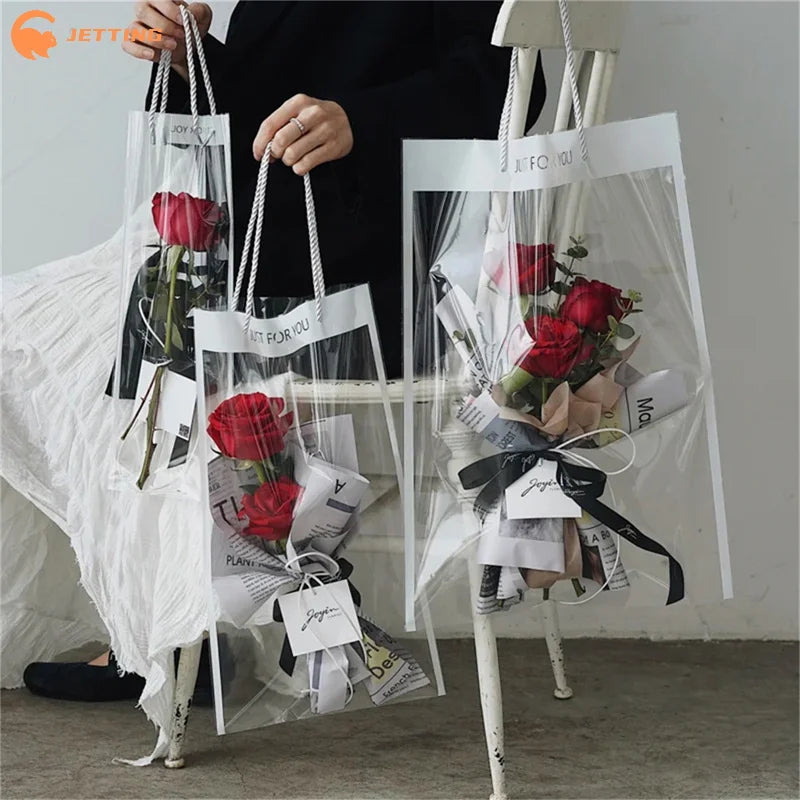 (New) 10Pcs Florist Plastic Bag Bouquet Gift Bag Packaging Bags Transparent Flowers Wrapping With Handle Party Supplies