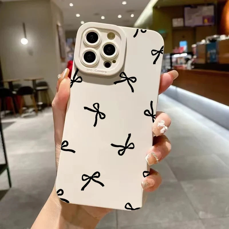 Black Bowknot Love Heart Silicone Soft Phone Case For iPhone 11 12 13 14 15 16 17 Pro Max 16 Plus 16E X XR XS Max 17 Air Cover