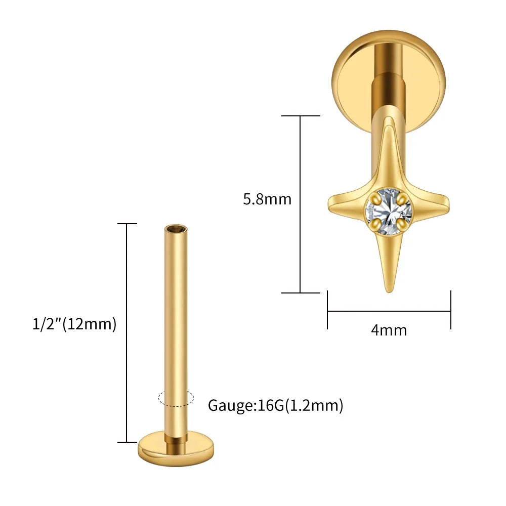 Right Grand ASTM F136 Titanium Four Point Star Flat Back Stud 16G Tiny CZ Cartilage Earring Helix Tragus Nose Piercing Jewelry