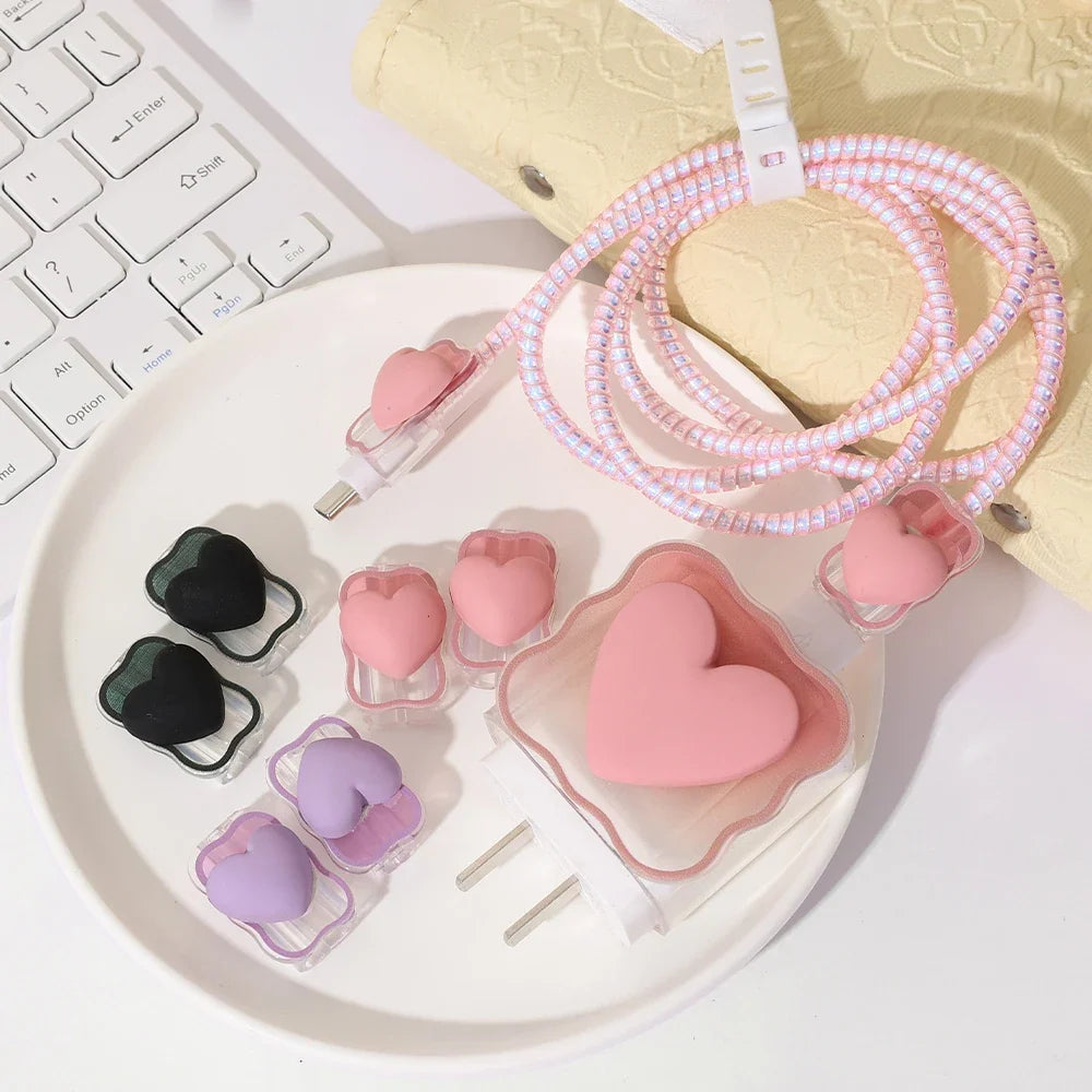 6PCS 3D Love Heart Silicone Charger Cable Protector Case Storage Bag For iPhone 20W 18W Charging Head Protective Cover Organizer
