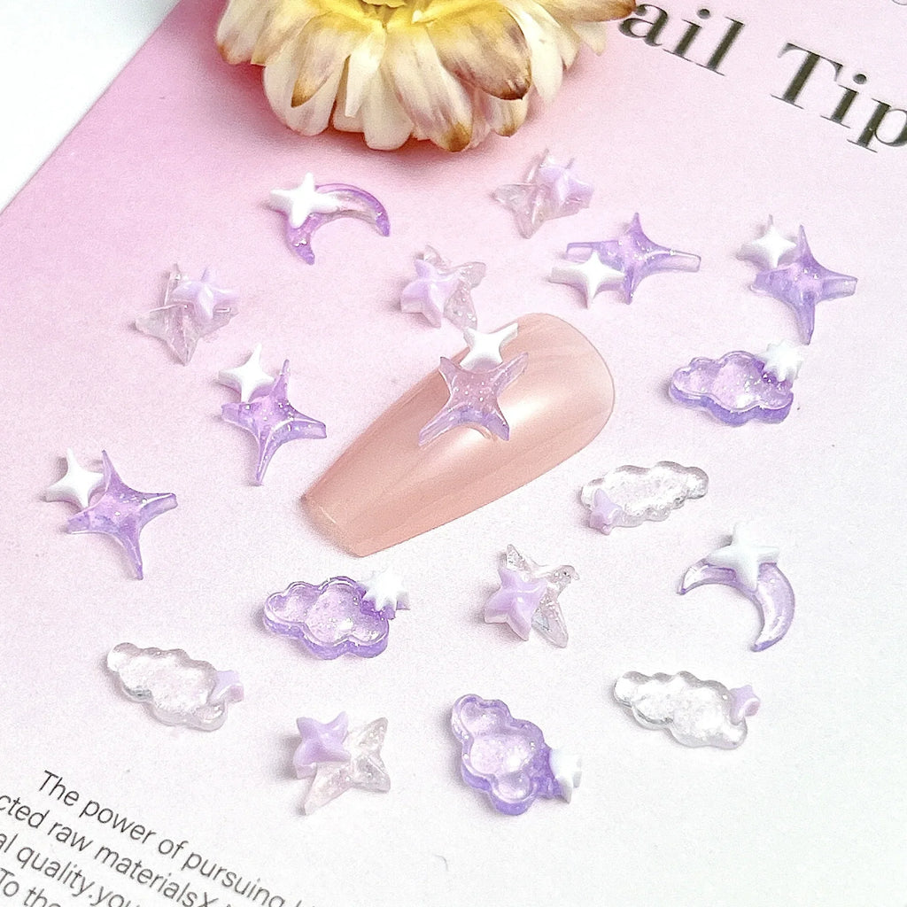 50PCS Transparent Resin Moon Cloud Nail Art Charms with White Purple Sparkling Four-pointed Star Nail Decoration DIY Nail Crafts