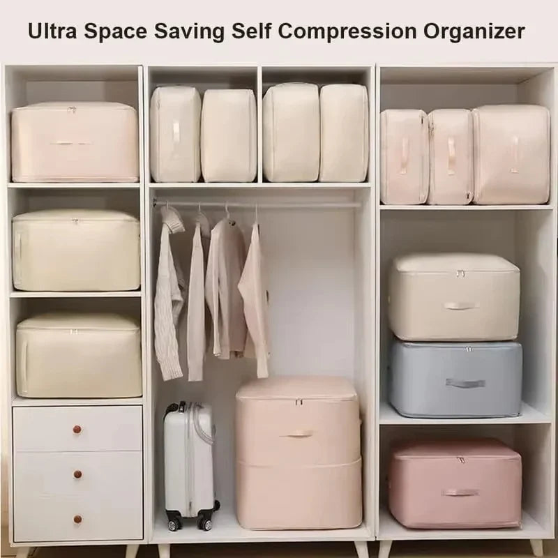 Heavy-Duty Self-Compressing Storage Bag - Portable Organizer for Clothes, Blankets & Quilts, Ideal for Closet Organization