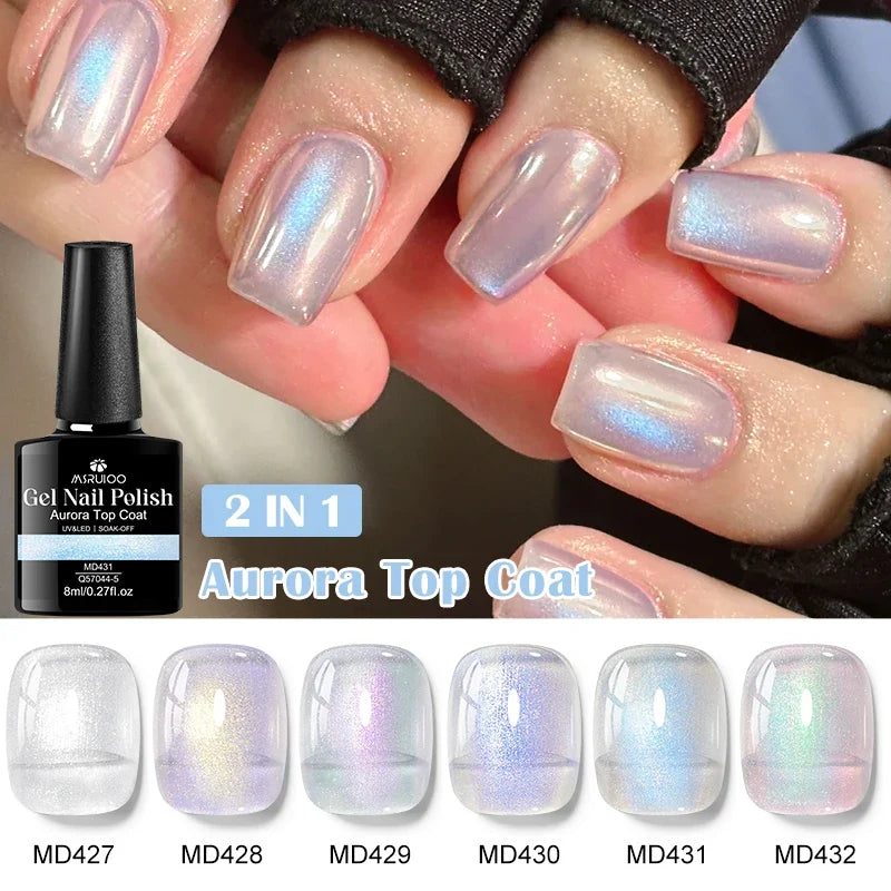 MSRUIOO 8ml 2 In 1 Aurora Top Coat Glitter Sequins Nail Gel Semi Permanent Soak Off UV Gel LED Nail Art Varnish Manicure Design